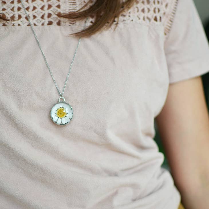 Real Daisy Flower Glass Necklace - La De Da