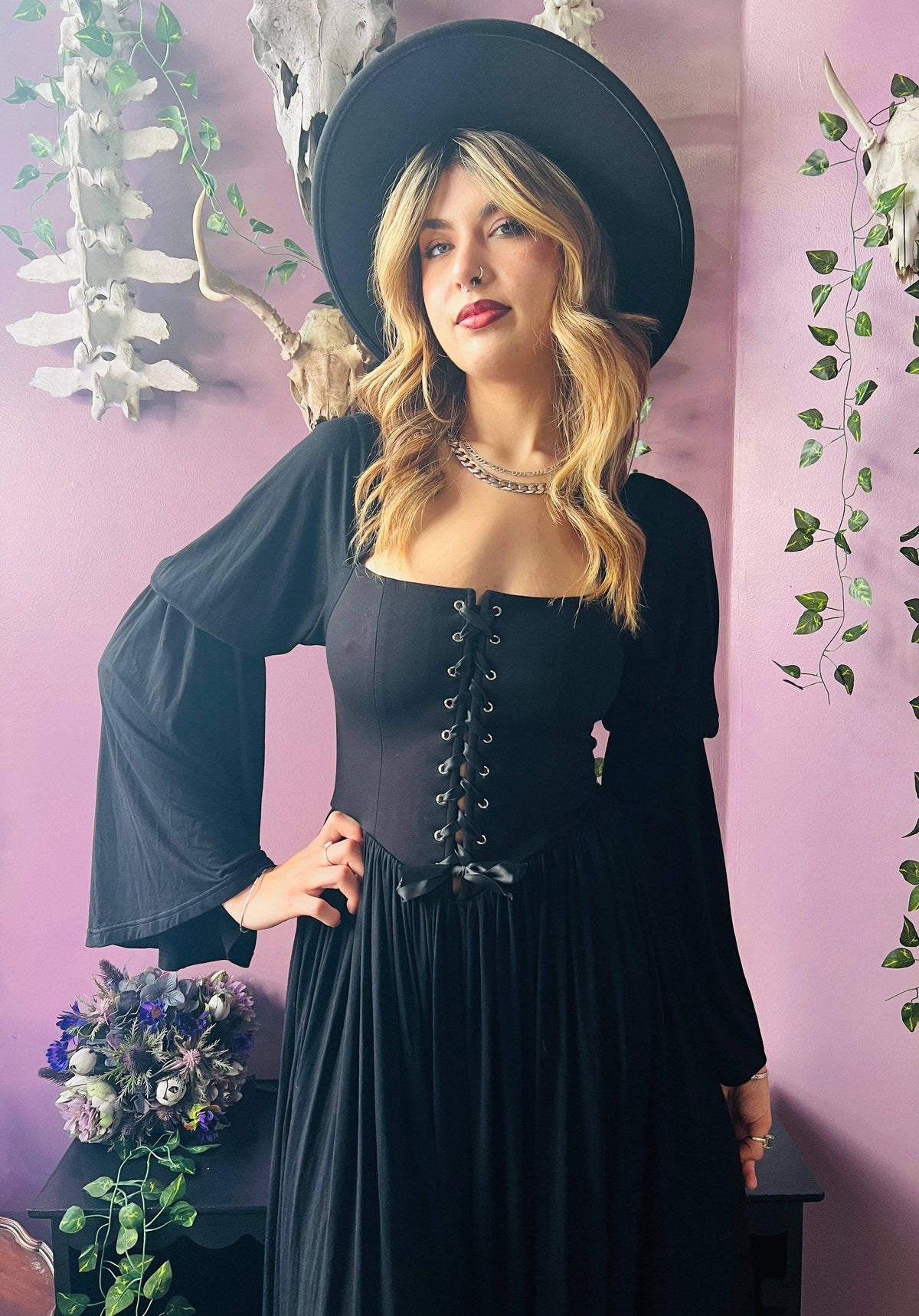 Lilith - Cottage Goth Lace Up Jersey Dress