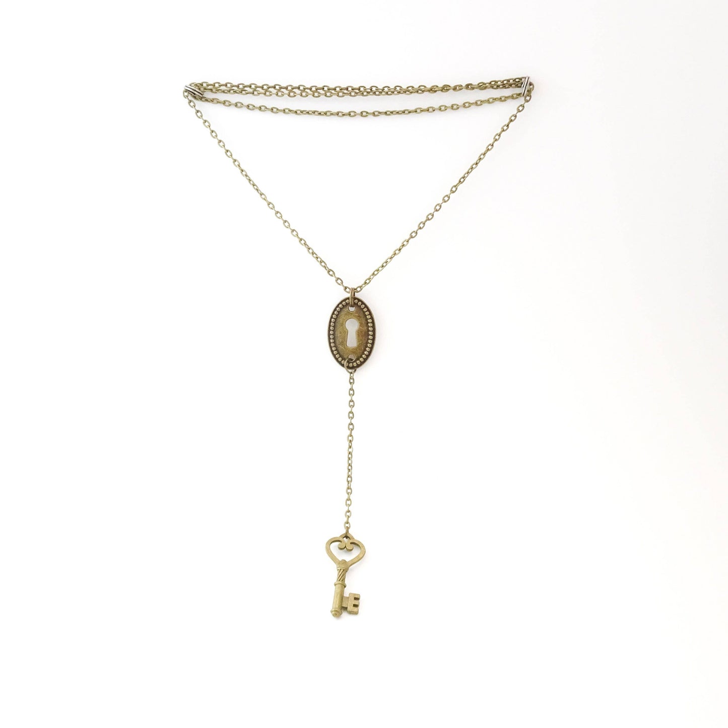 Key & Keyhole Necklace | Long Y Necklace | Bronze
