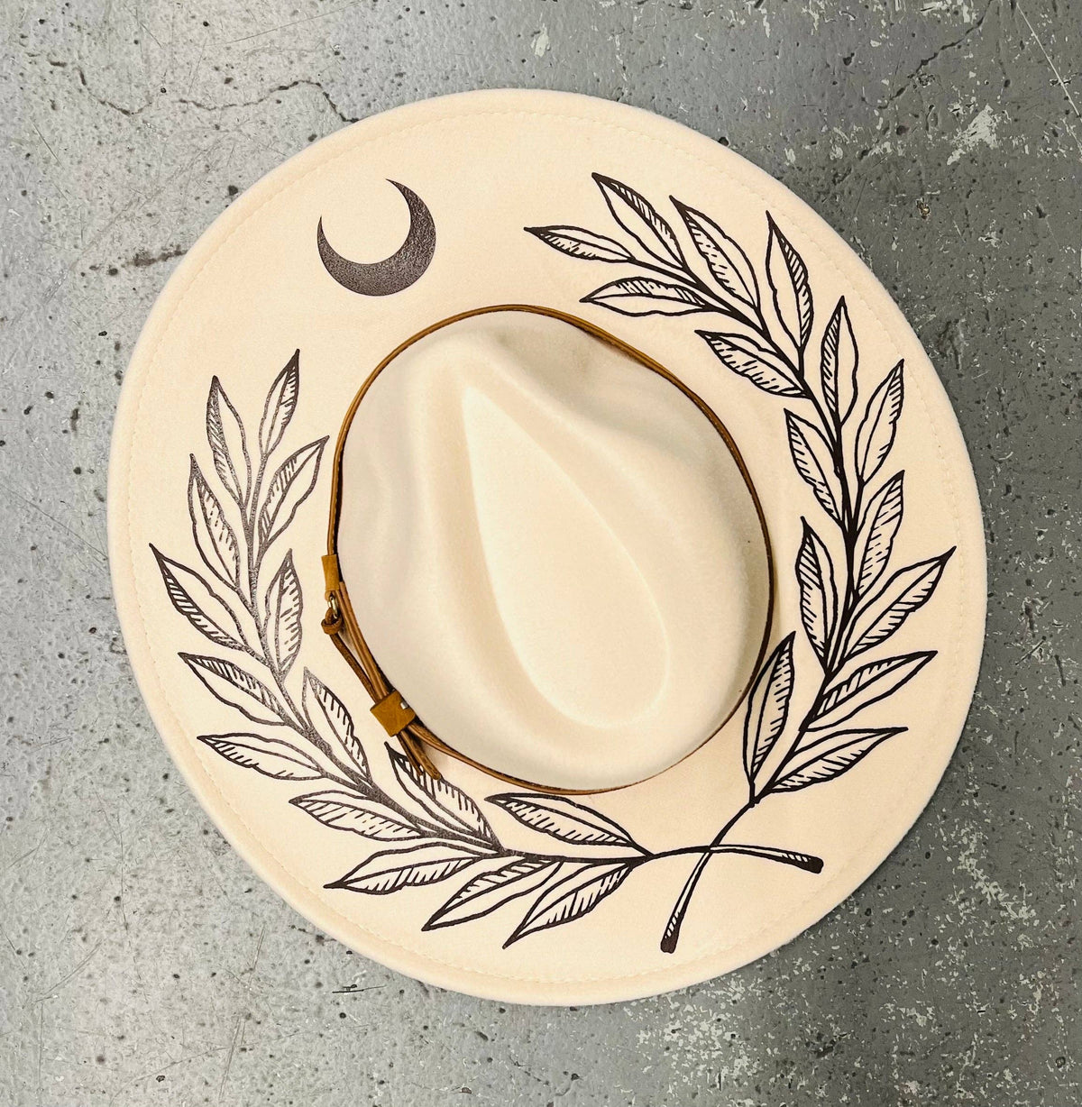 Vegan Felt Hat - XL Brim - Cream - Large Fern & Moon Crown - Brown (Pictured) / Back of Hat (Pictured)