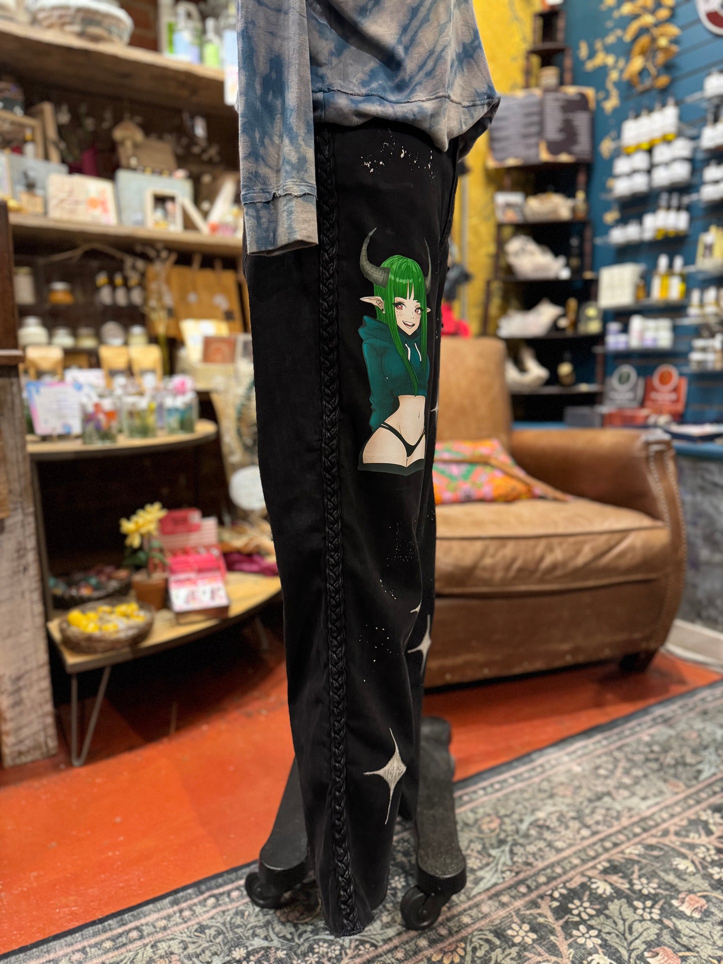 Anime with Stars Braided Black Jeans -Laura Bruce*