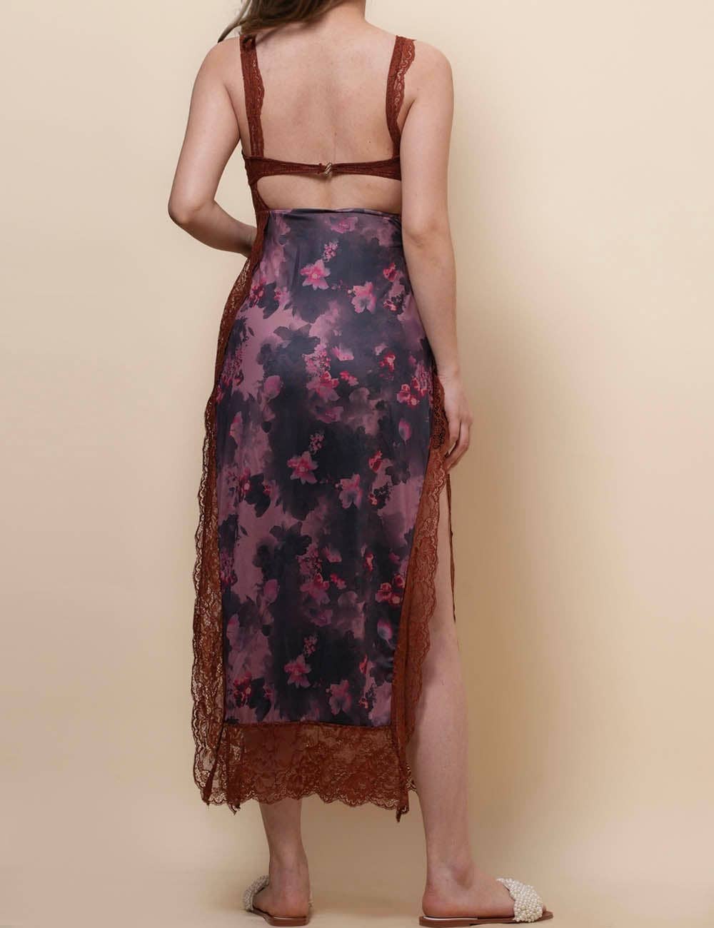 Lace See Through Midi Dress - Dark Brown