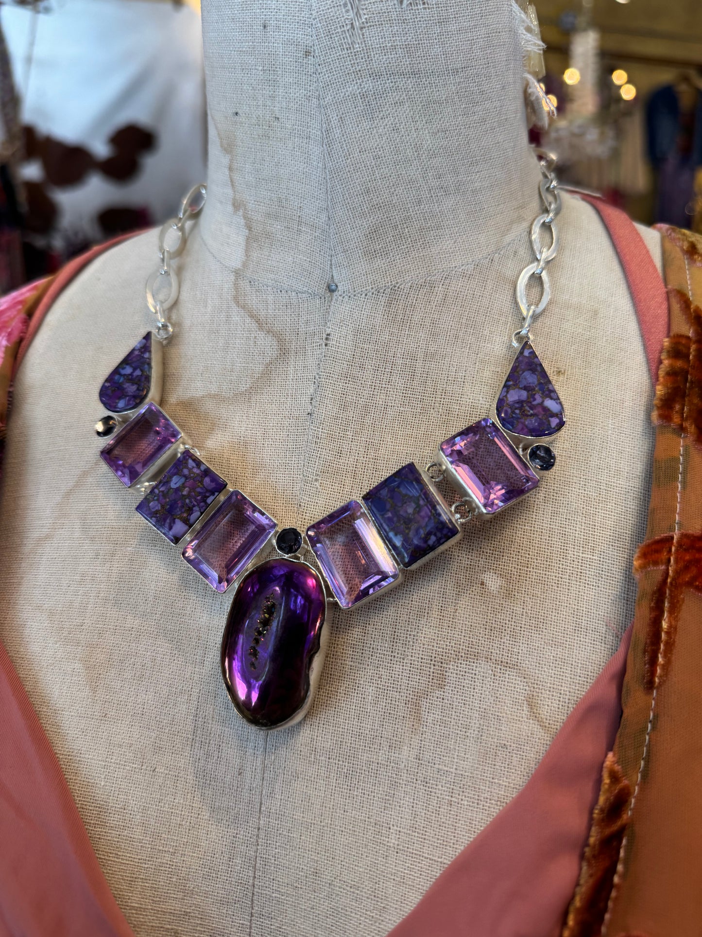 Aura Geode, Purple Jasper, Purple Faceted Glass Cluster Necklace