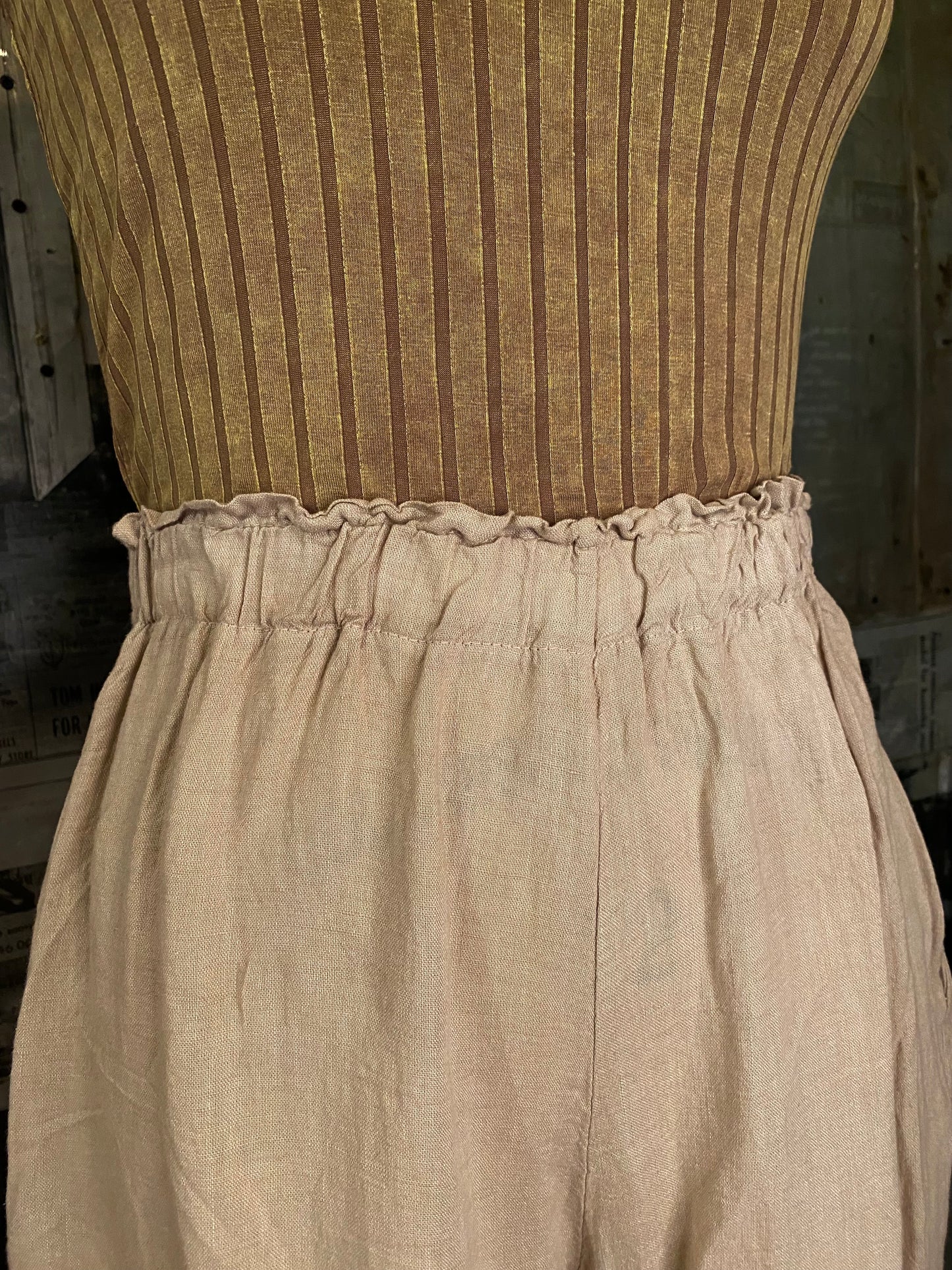 Linen, Elastic Waist Palazzo Pants - Sand