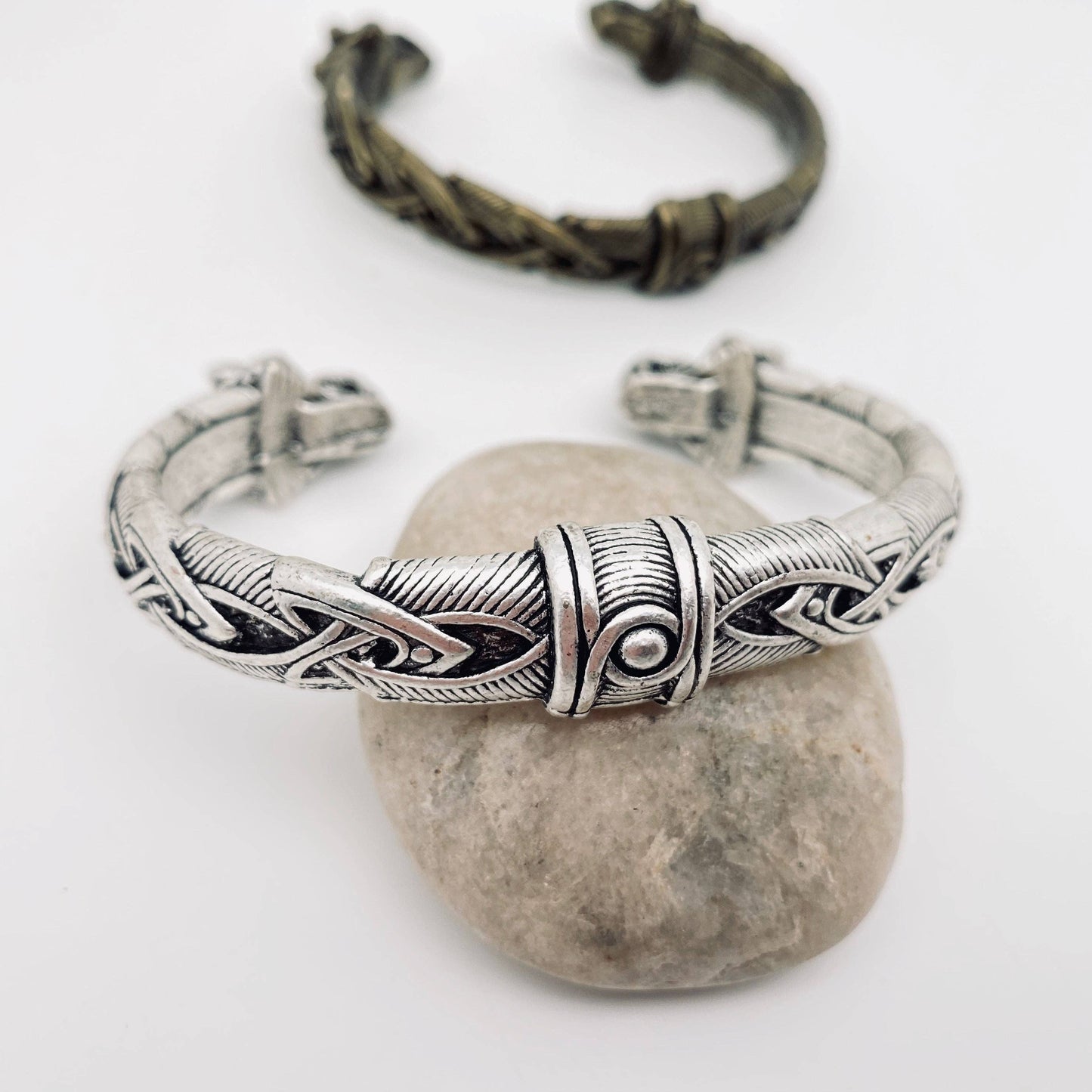 Double Head of Dragon Bangle Men's Bracelet - Ancient silver