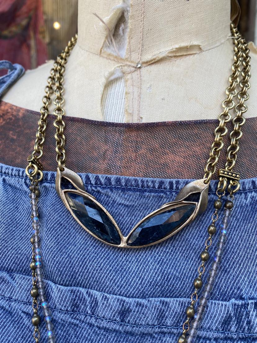 Mirrored marquise cut gemstone and petal necklace- Cyanite