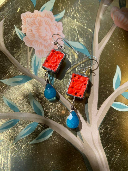 Vintage Coral Carved Glass Earrings* E215