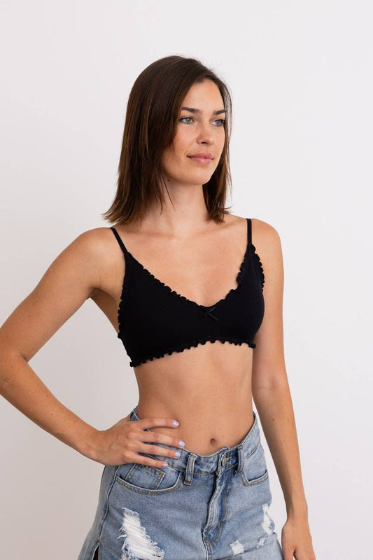 Seamless Lettuce Edge Bow Tie Triangle Bralette - Black