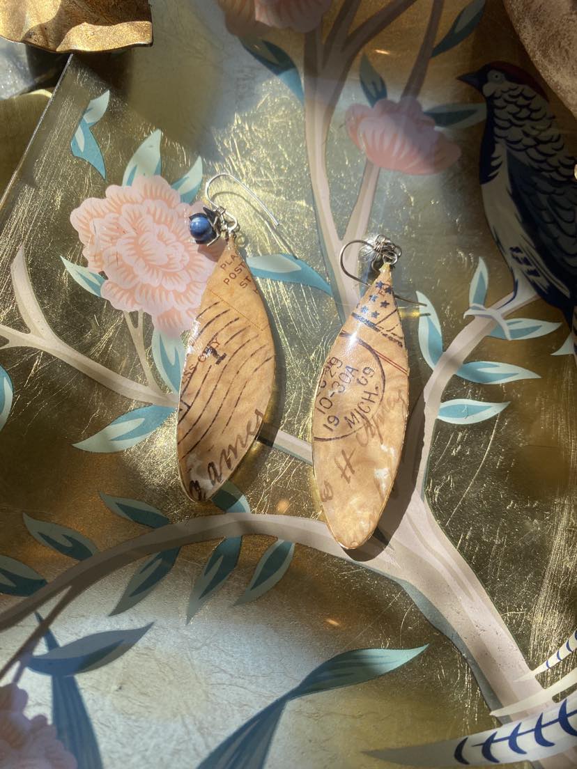 Cicada Wing with Vintage Postcard Earrings* E202
