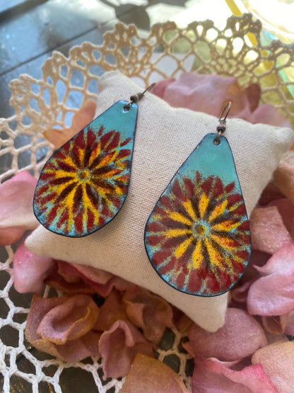 Teal with Red &Yellow Flowers Dangly Earrings *HH15