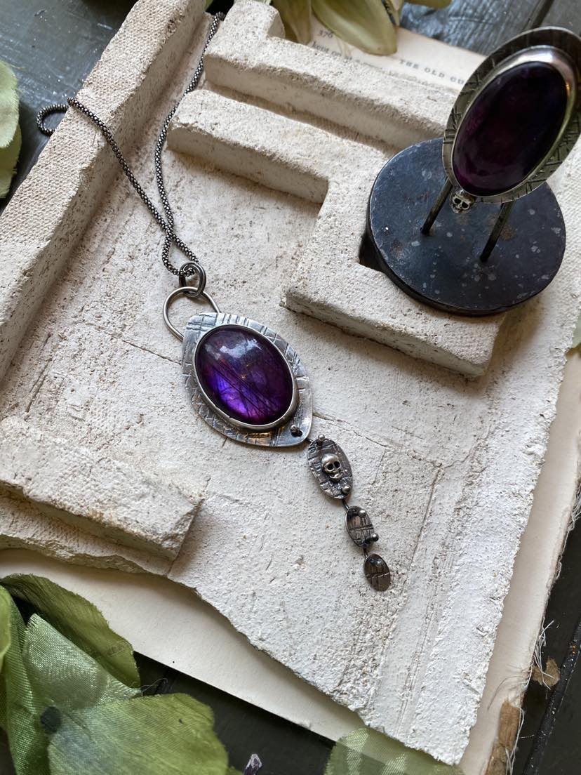 Purple Labradorite Sterling Silver Skull Pendant Necklace*