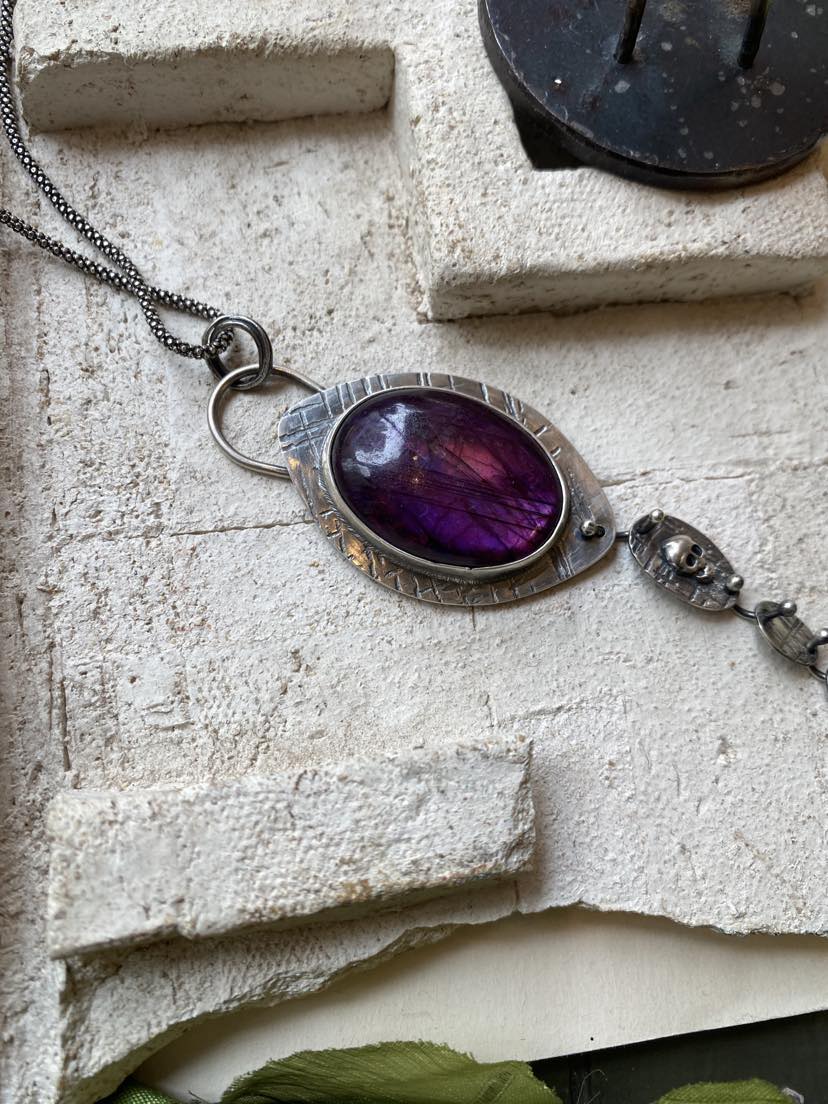 Purple Labradorite Sterling Silver Skull Pendant Necklace*