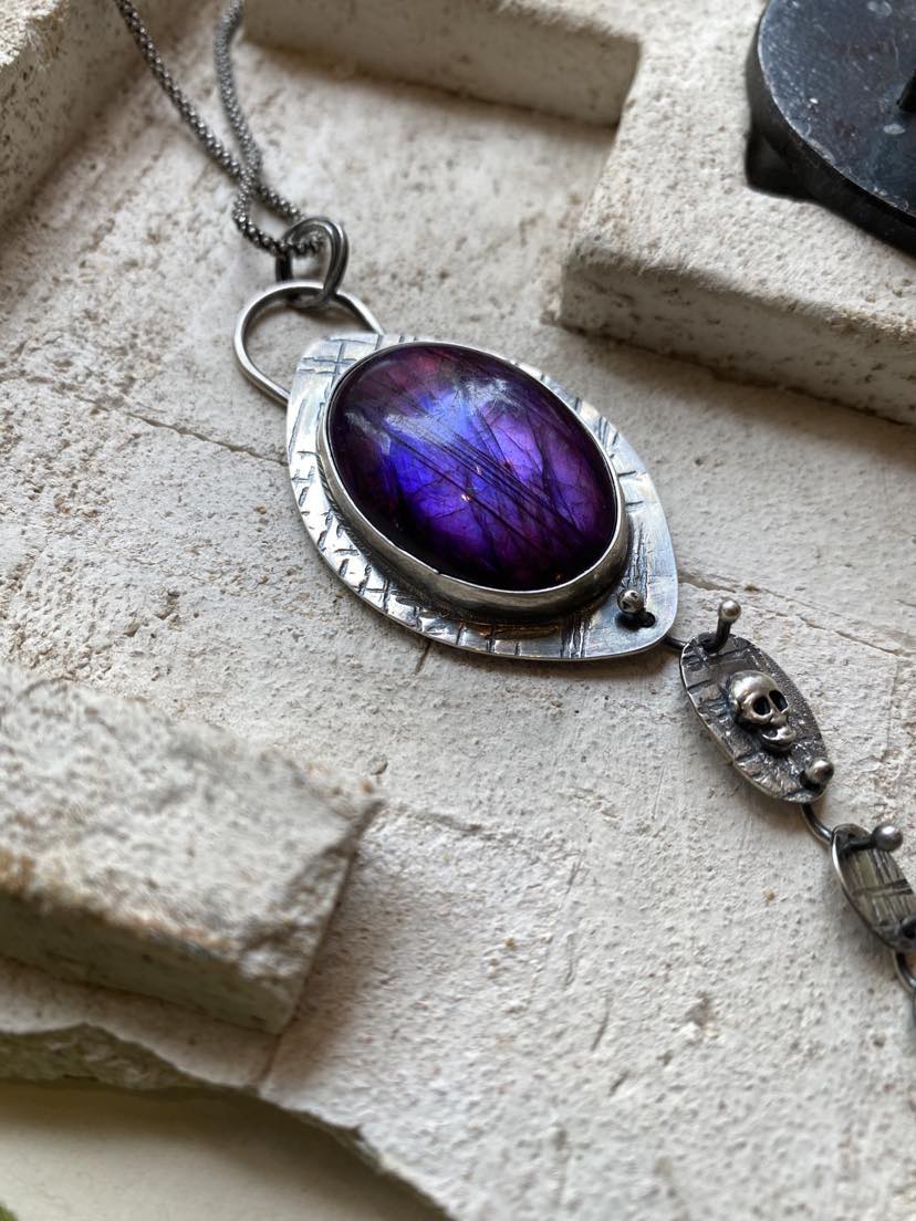 Purple Labradorite Sterling Silver Skull Pendant Necklace*