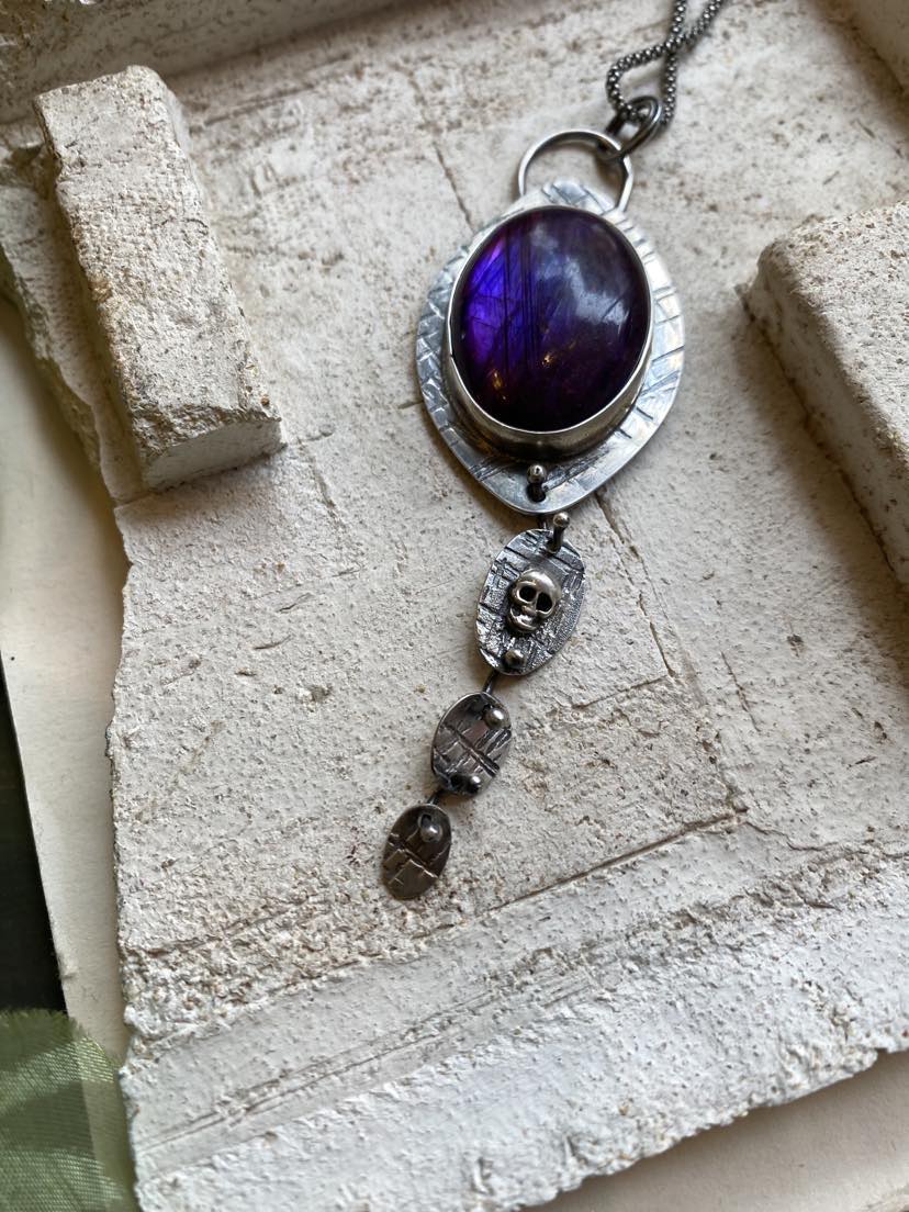 Purple Labradorite Sterling Silver Skull Pendant Necklace*