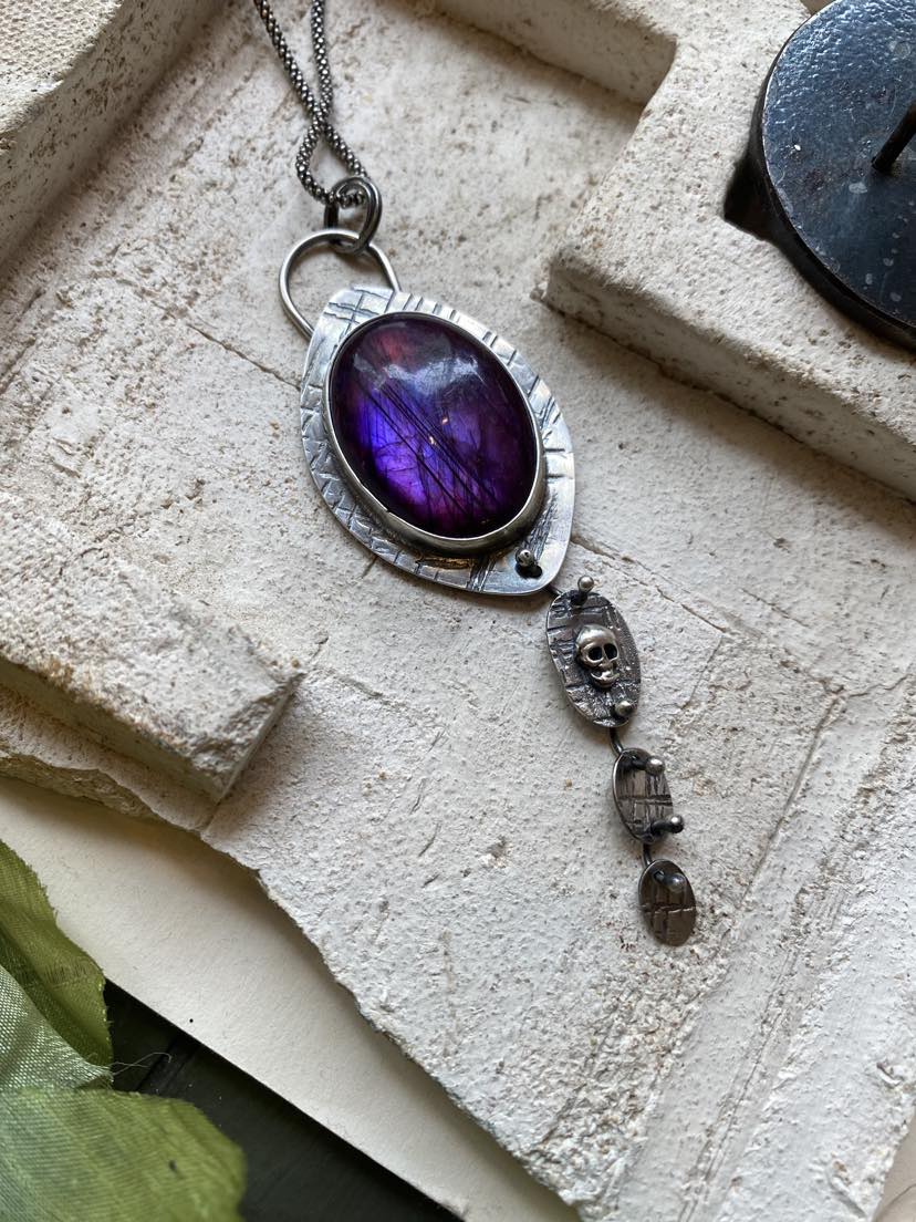 Purple Labradorite Sterling Silver Skull Pendant Necklace*