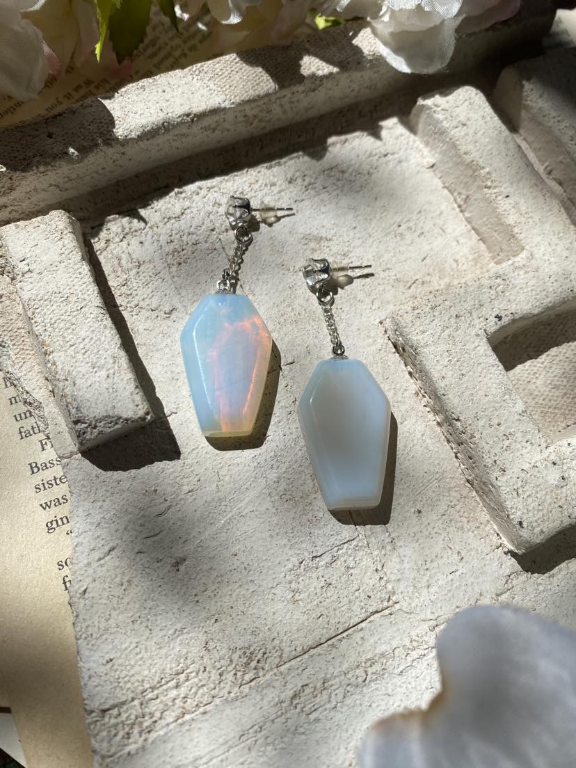 Opalite Coffin Silver Dangly Earrings* #IV38