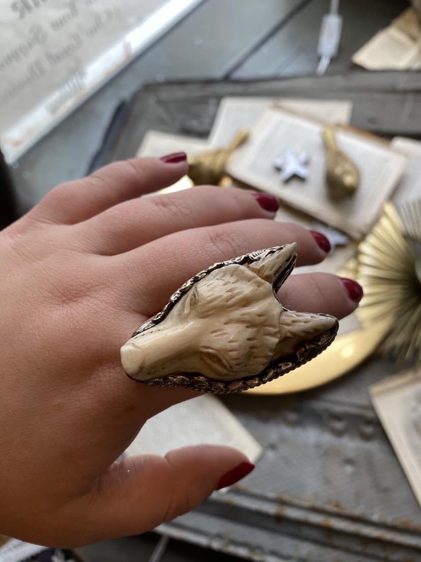 Carved Bone Wolf Face Ring