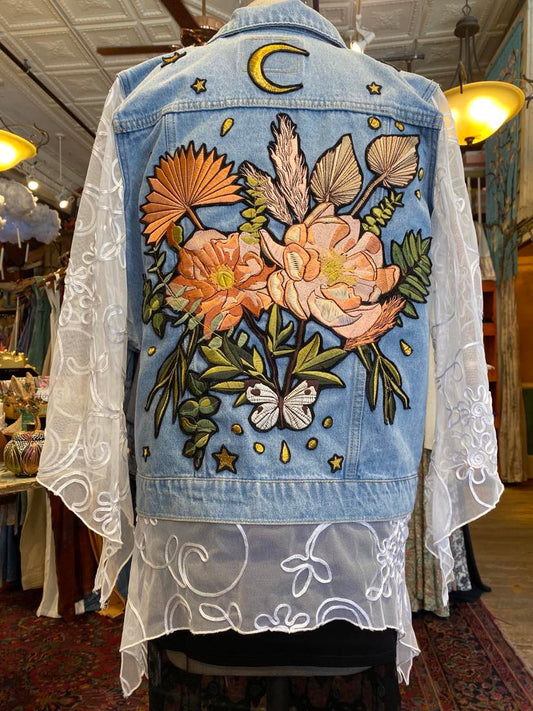Patch & Sheer Floral Sleeve Denim Jacket