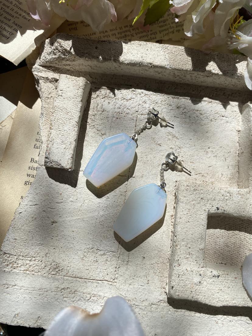 Opalite Coffin Silver Dangly Earrings* #IV38