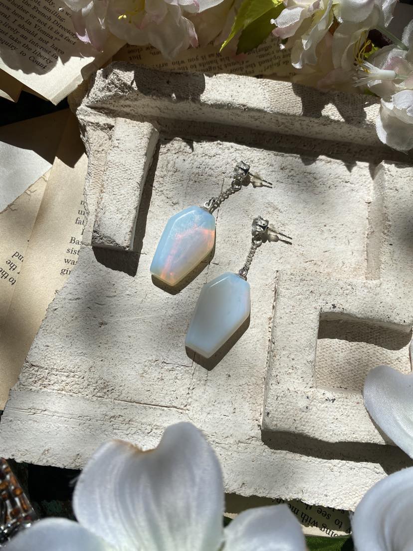 Opalite Coffin Silver Dangly Earrings* #IV38