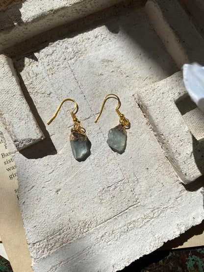 Green Fluorite Crystal with Gold Dangly Earrings * #IV53 B.