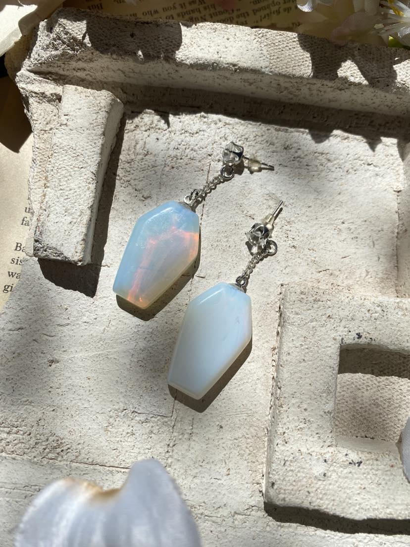 Opalite Coffin Silver Dangly Earrings* #IV38