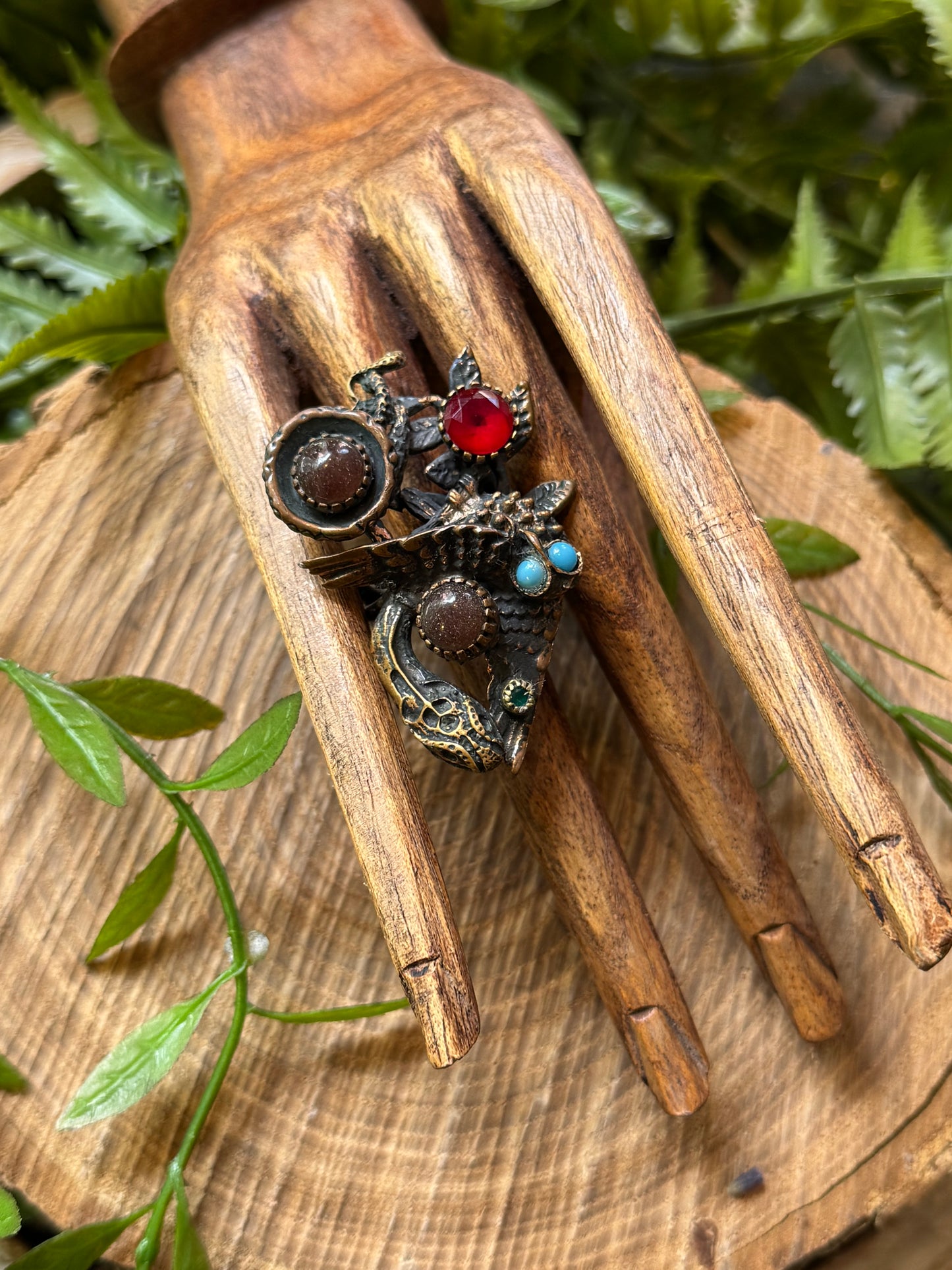 Winged Snake with Ruby, Turq, Emerald & Mocha Stone Ring