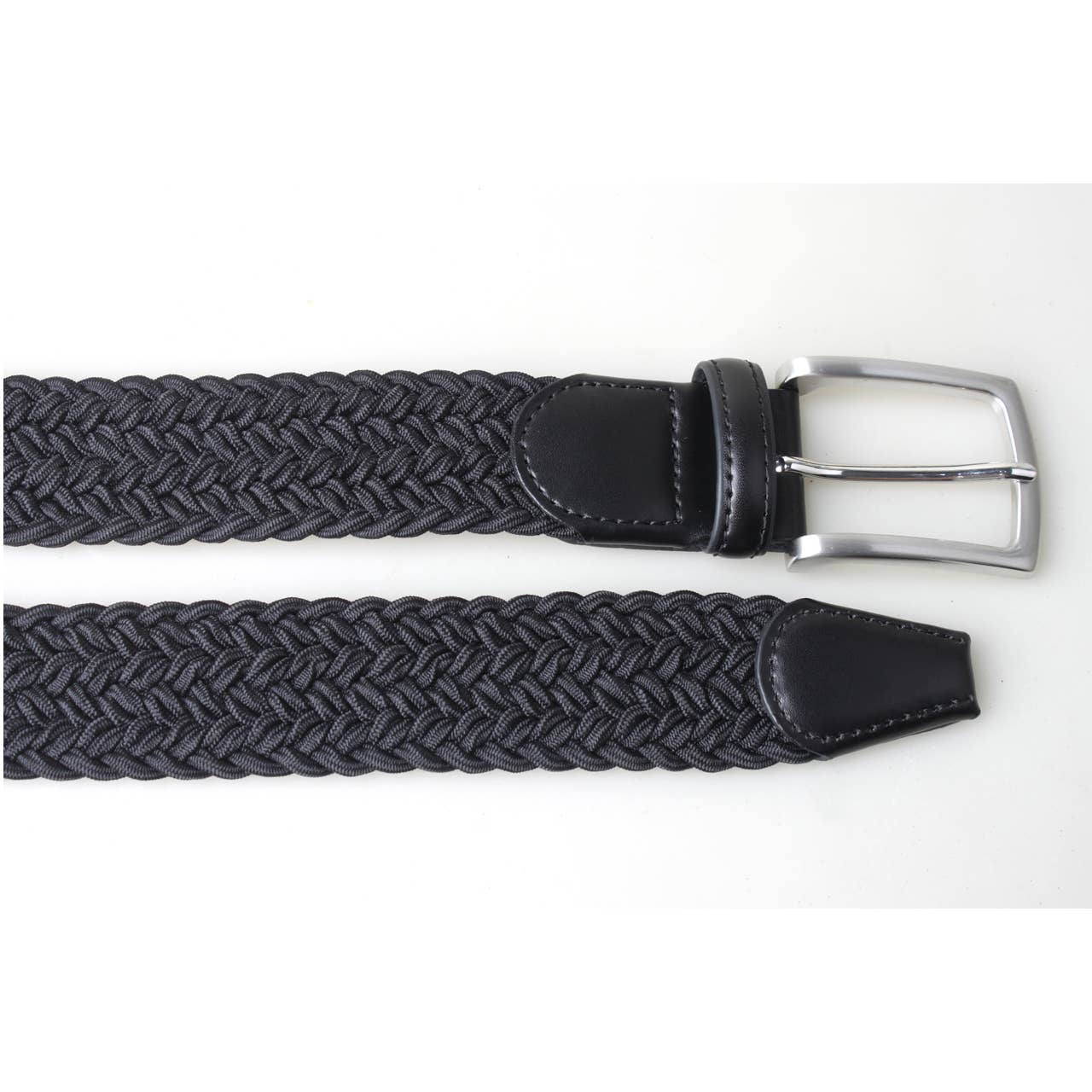 Mens Thick Braided Stretch Woven Fabric Belt w/ Leather Trim - Black