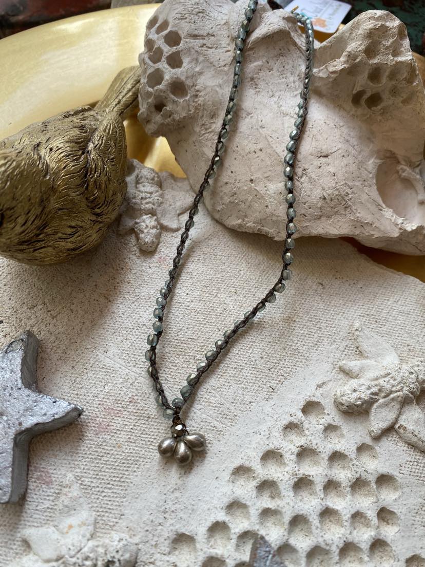 Mint Crystal Crocheted Necklace With Silver Mercury Drops