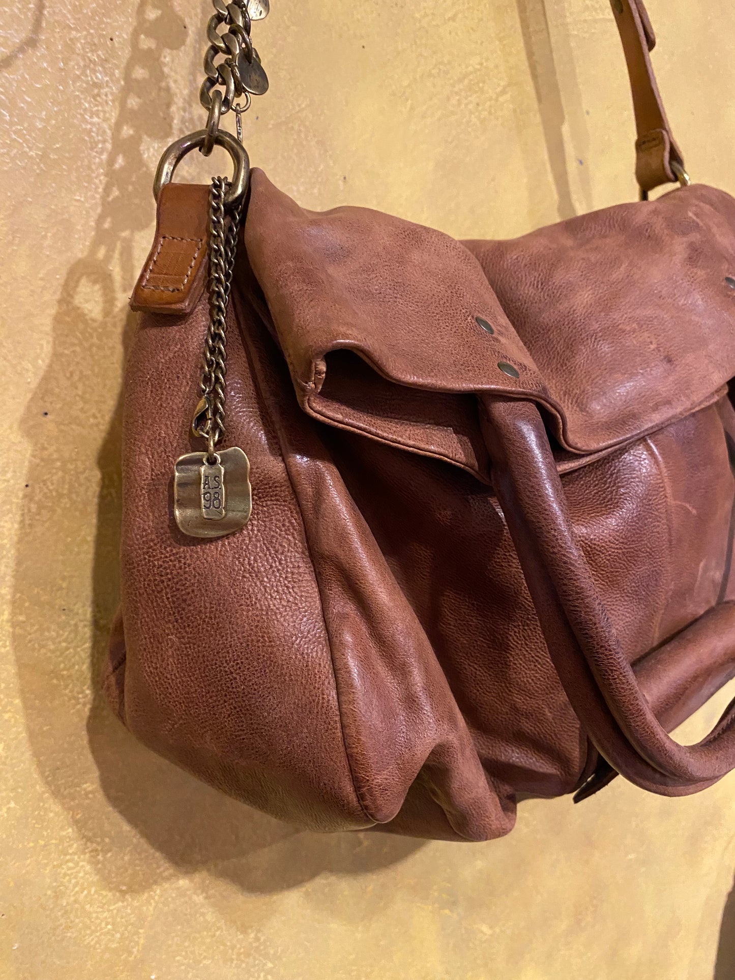 Folded Top Leather Crossbody Bag - Camel