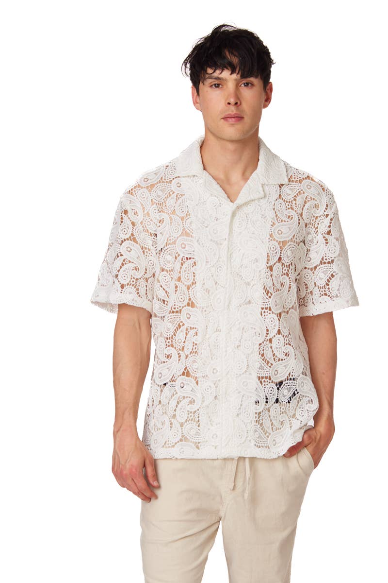 Textured Short Sleeve Men's Shirt - White Lace