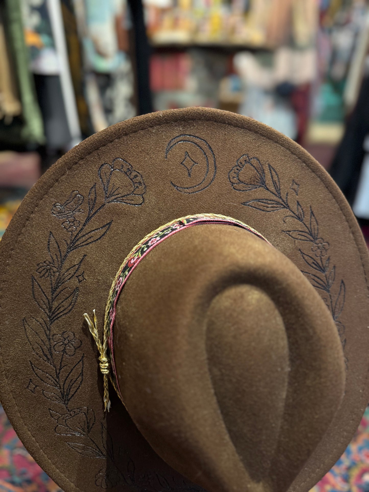 Burnt Floral Vines on NYMF Brown Marble Hat - Hannah King*