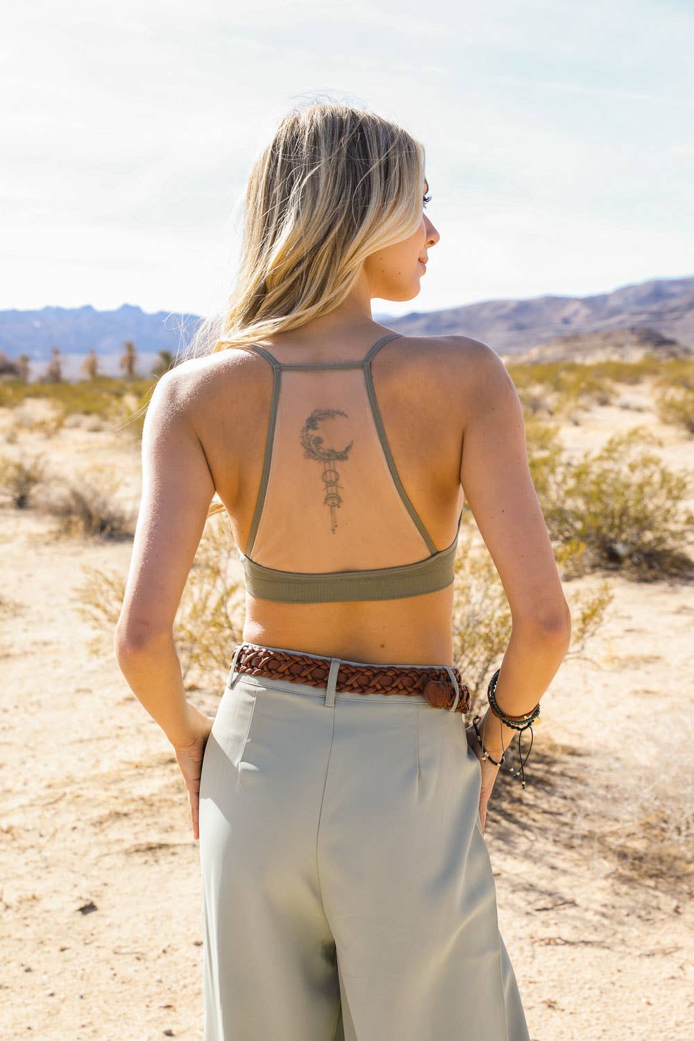 Crescent Moon Dream Catcher Tattoo Mesh Bralette - Olive