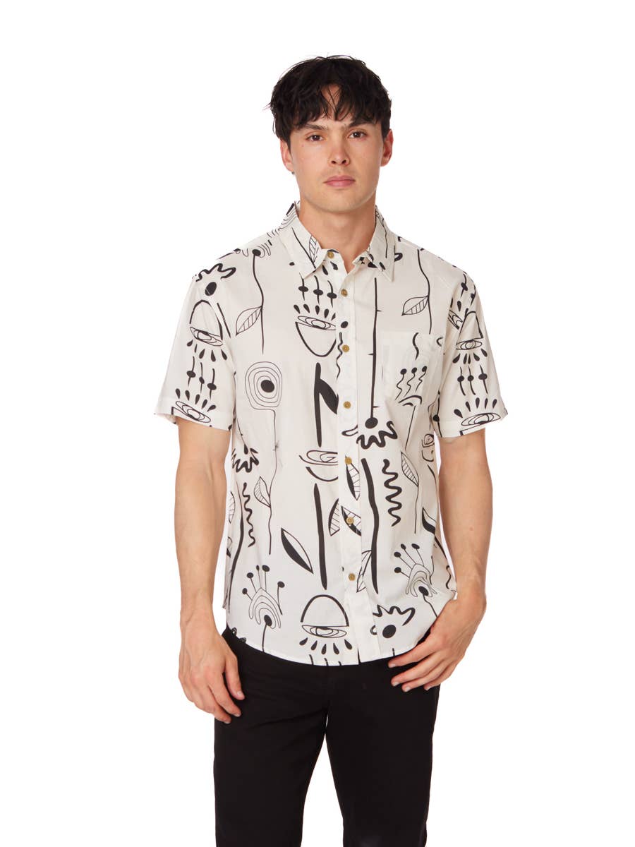 Men's Woven Printed Short Sleeve Shirt - Black & White Doodle