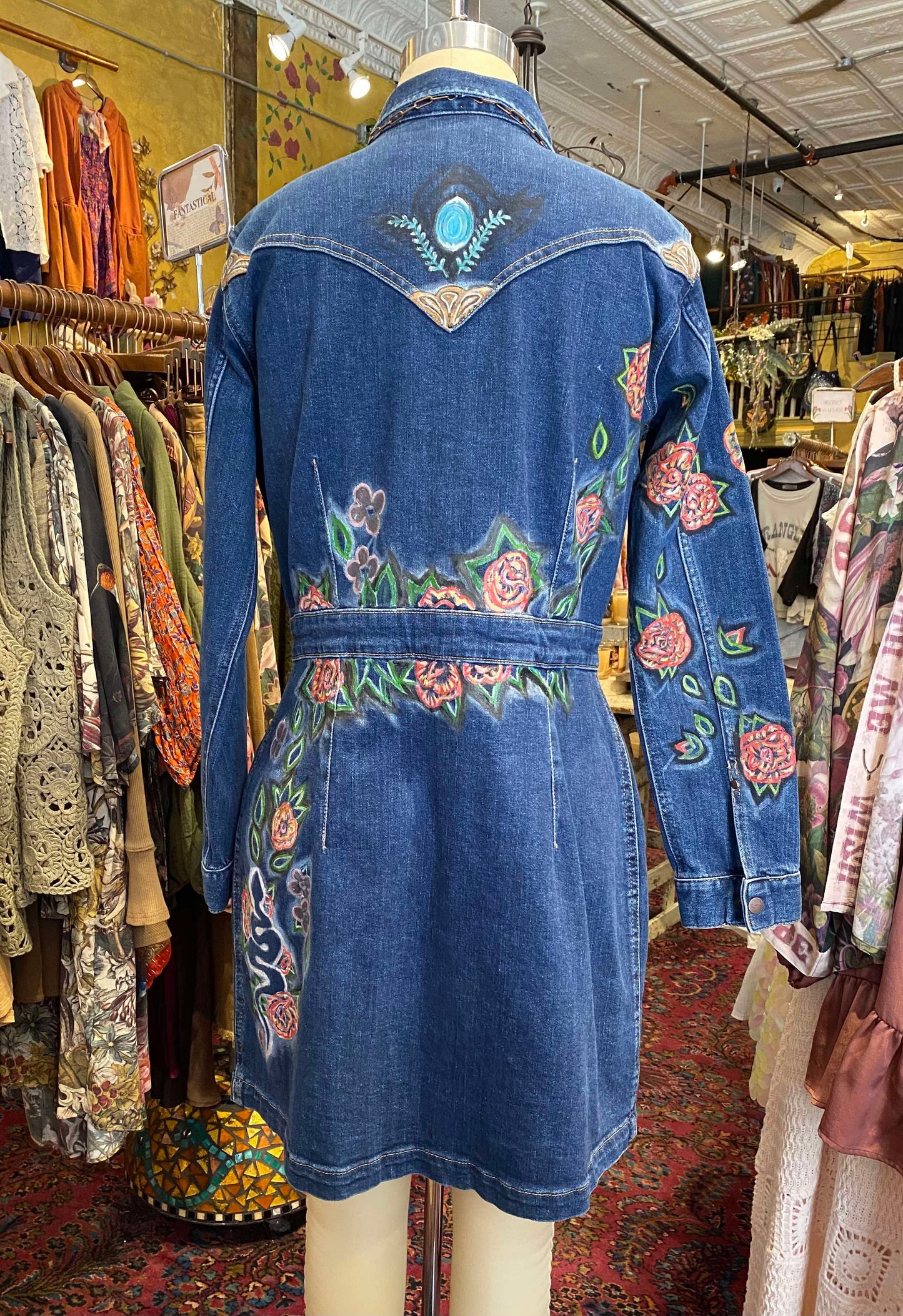Floral Wrangler Blue Denim Short Dress -Chelsea Dudley Art*