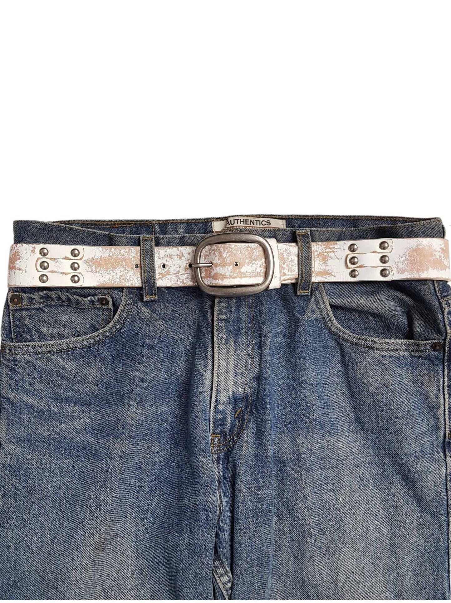 Genuine Studded Leather Belt - Distressed White