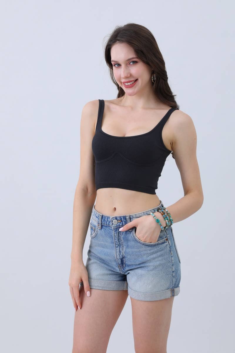 Seamless Ribbed Bralette with Underbust Band โ Wireless Soft - Black