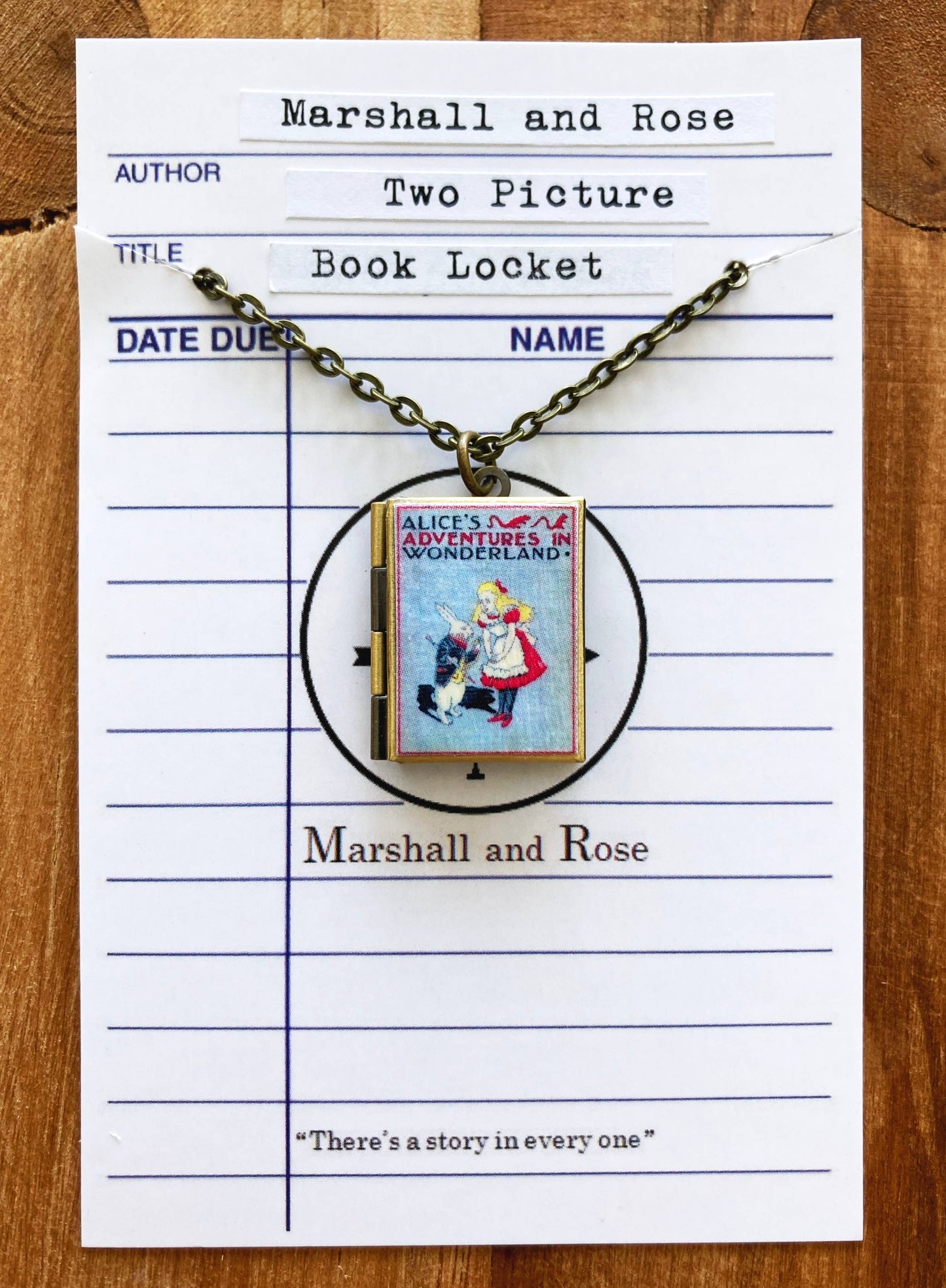 Book Locket Alice In Wonderland - Blue with Rabbit - Bronze