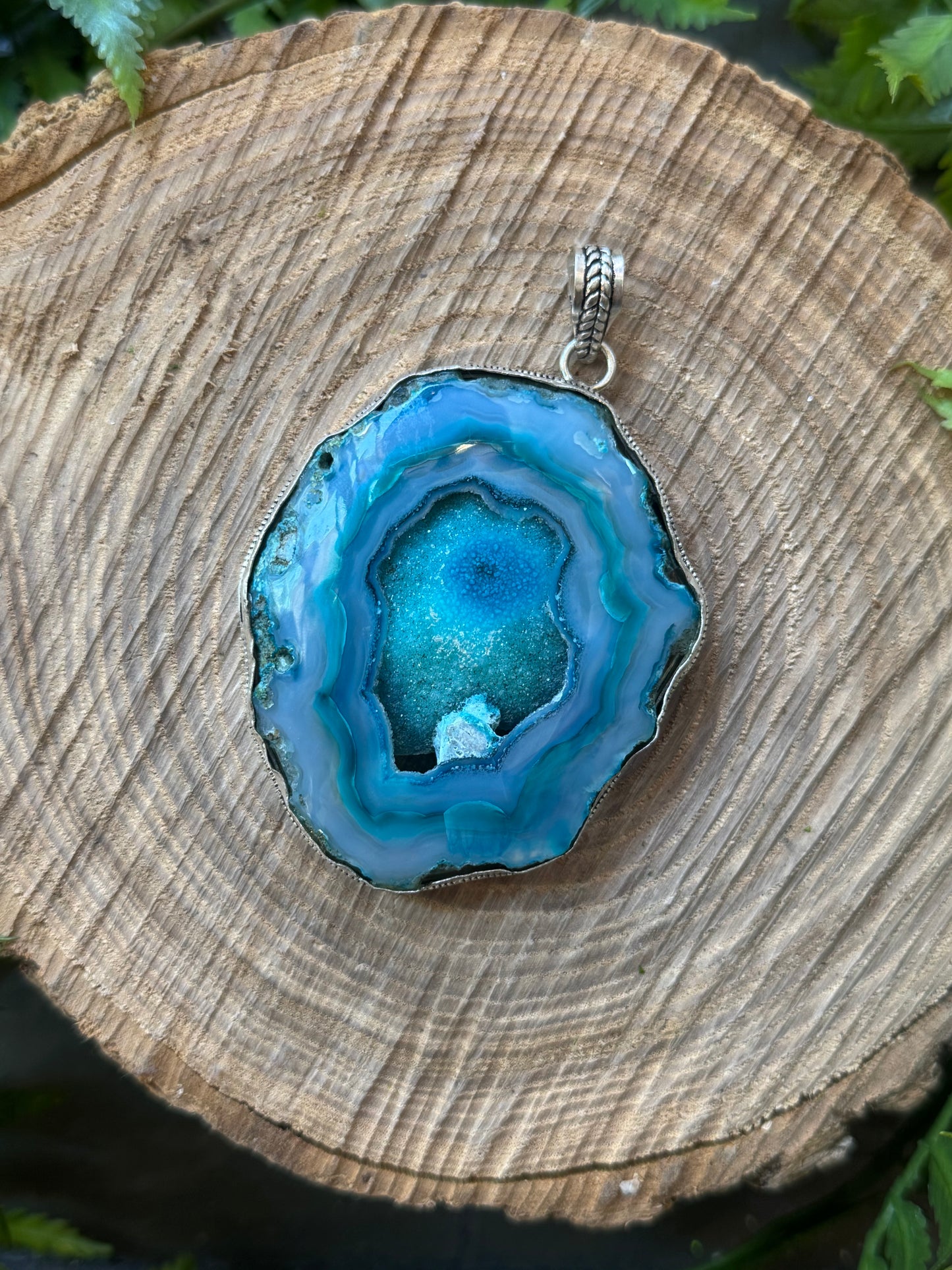 Dyed Large Blue Agate Slice Pendant
