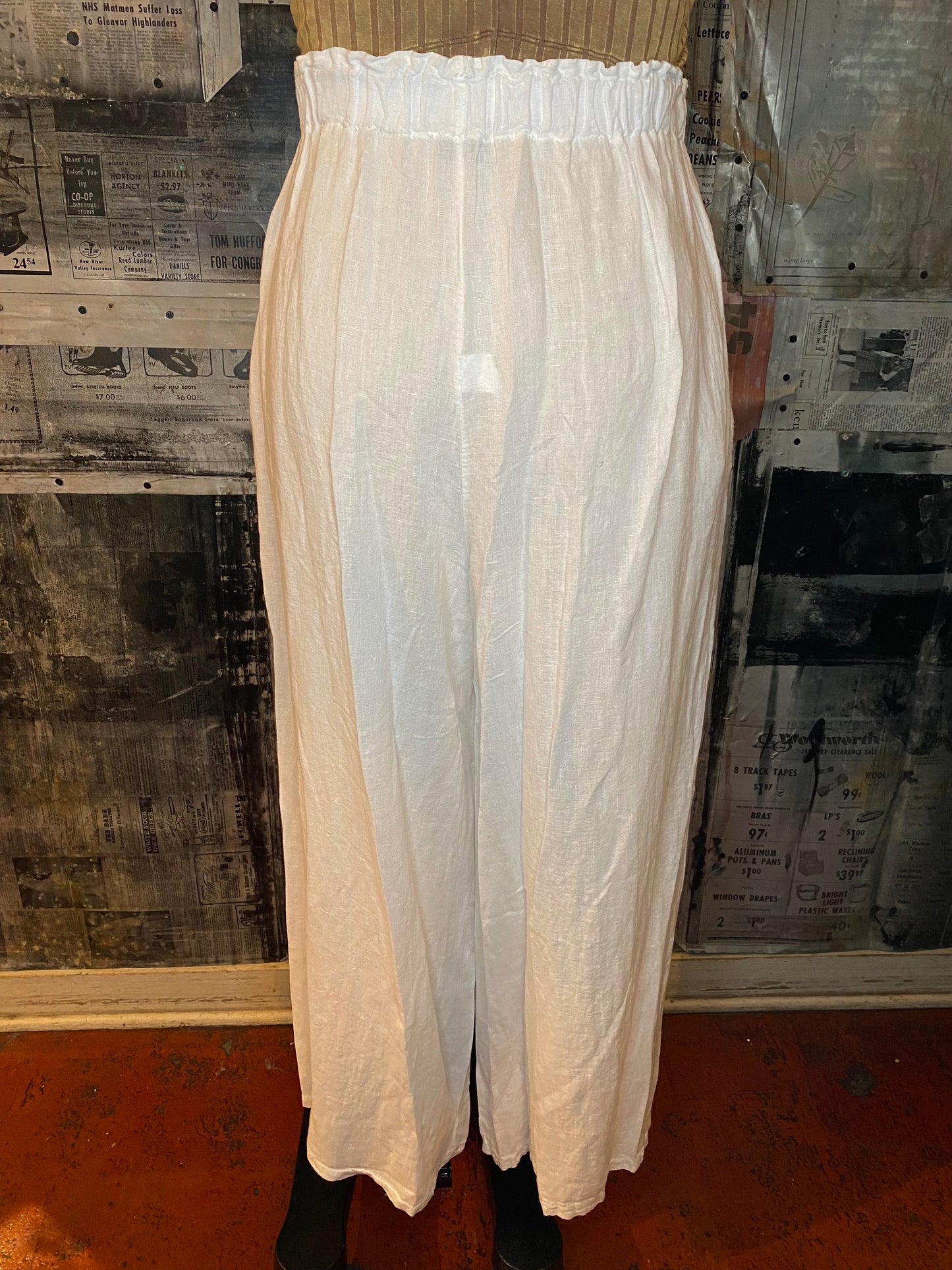 Linen, Elastic Waist Palazzo Pants - White