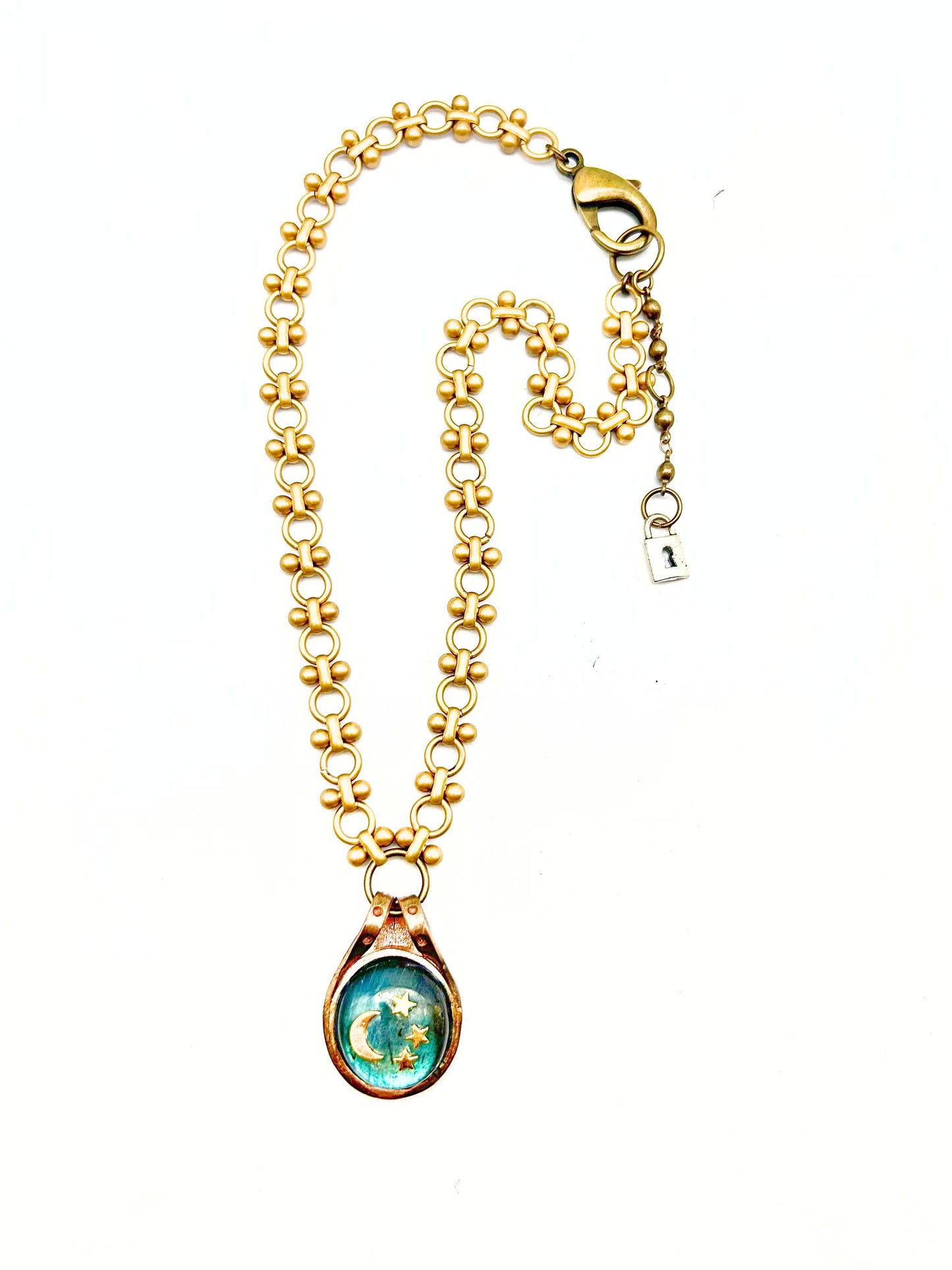 Cabochon Labradorite Necklace with Moon & Stars Detail