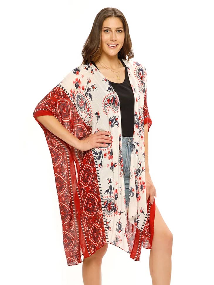 Cream & Red Pattern Open Front Kimono - La De Da