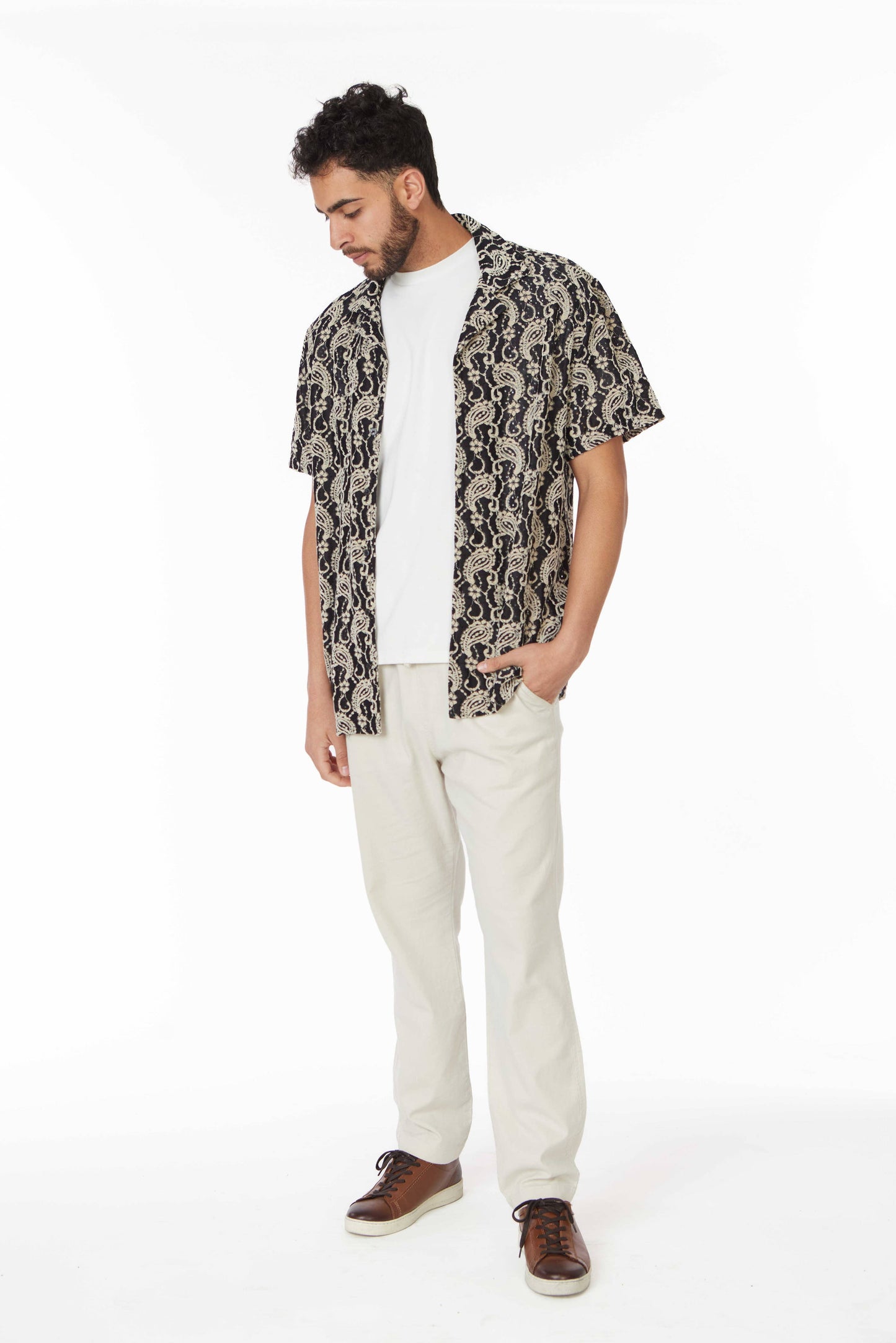 Crochet/Textured Short Sleeve Men's Shirt - Black/Beige