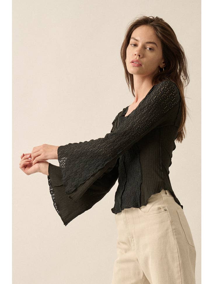 Black Floral Lace Bell-Sleeve Top - La De Da