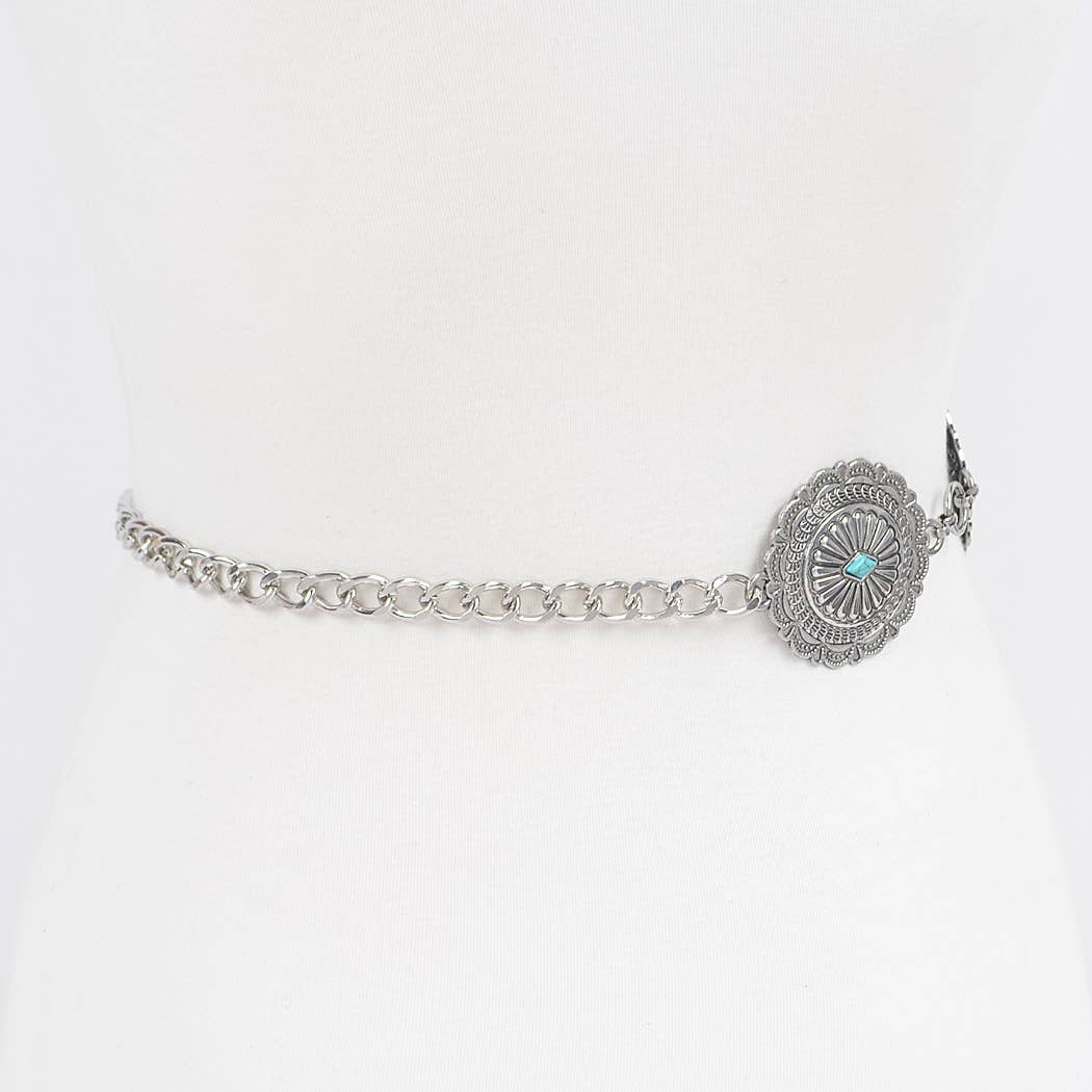 Western Style Metal Chain Belt - Turquoise Embellished Shield