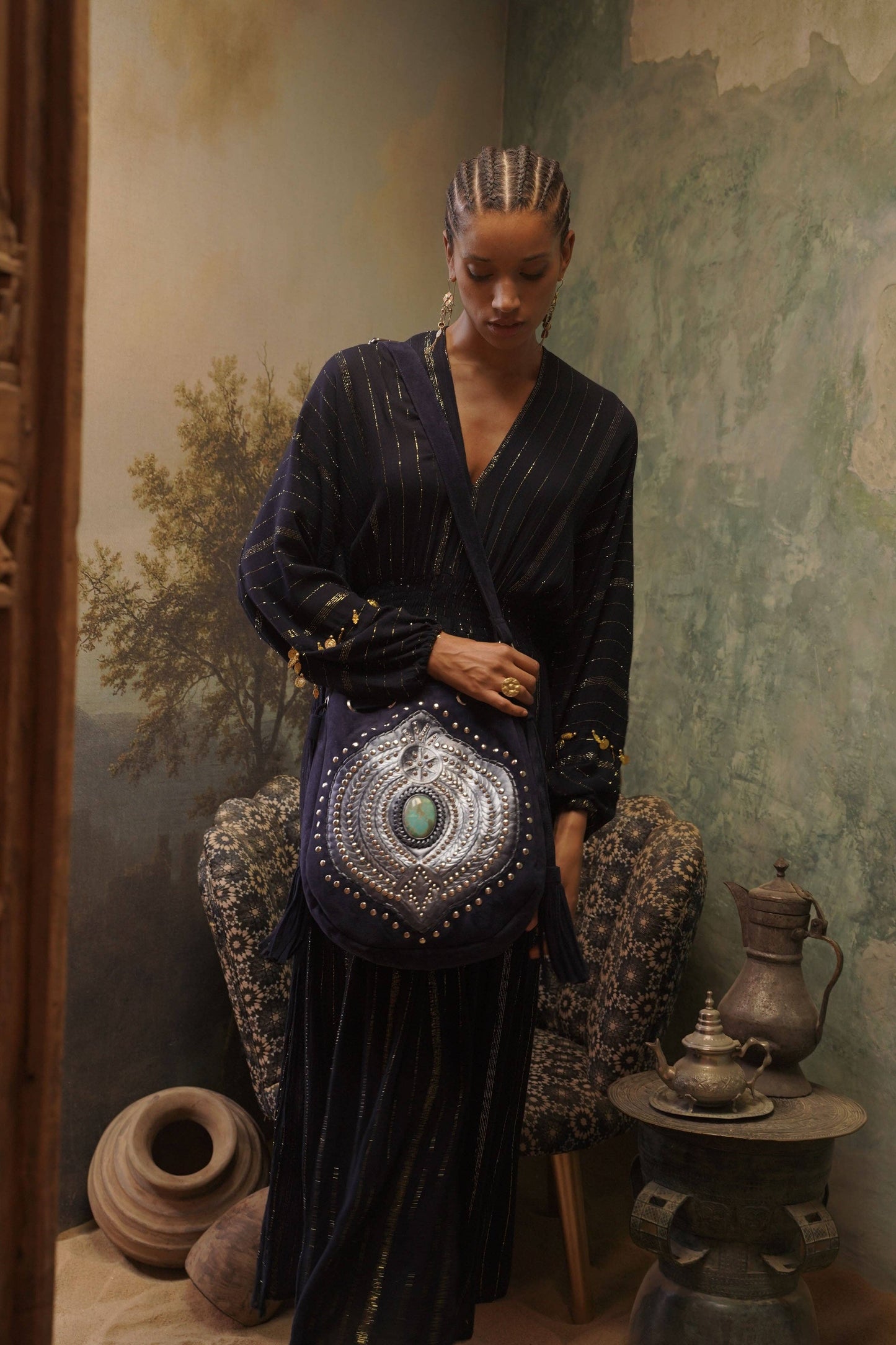 Marrakesh Pouch Bag - Metallic Navy/Silver