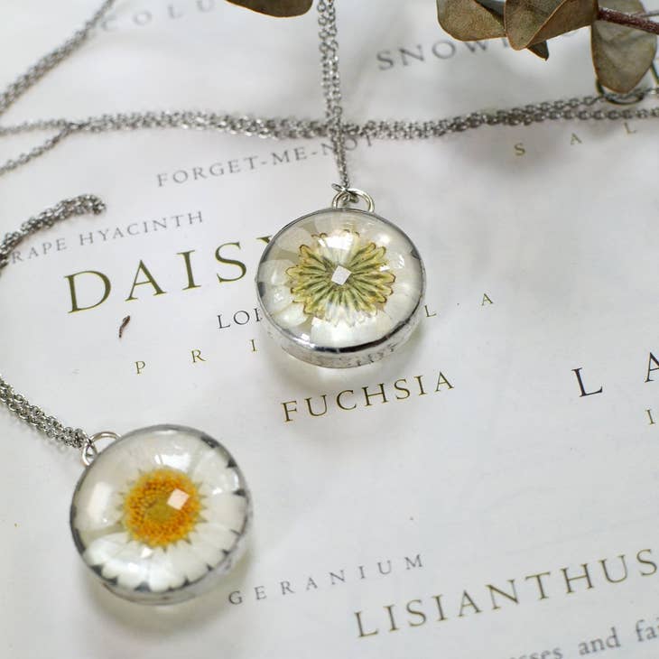 Real Daisy Flower Glass Necklace - La De Da