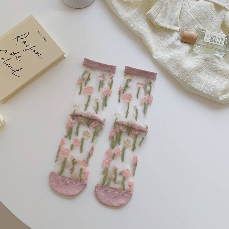 Sheer Floral Mesh Crew Sock - Pink