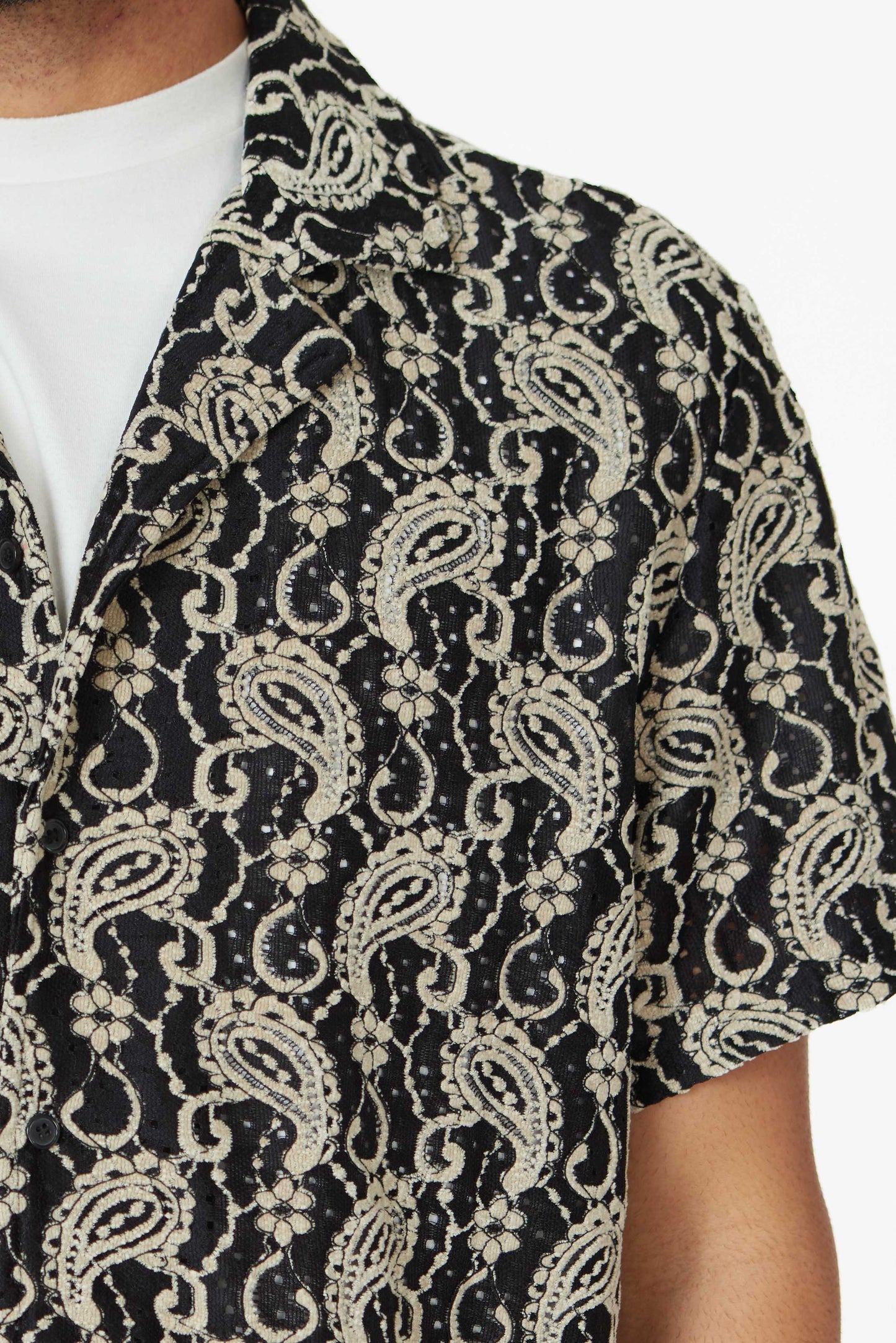 Crochet/Textured Short Sleeve Men's Shirt - Black/Beige