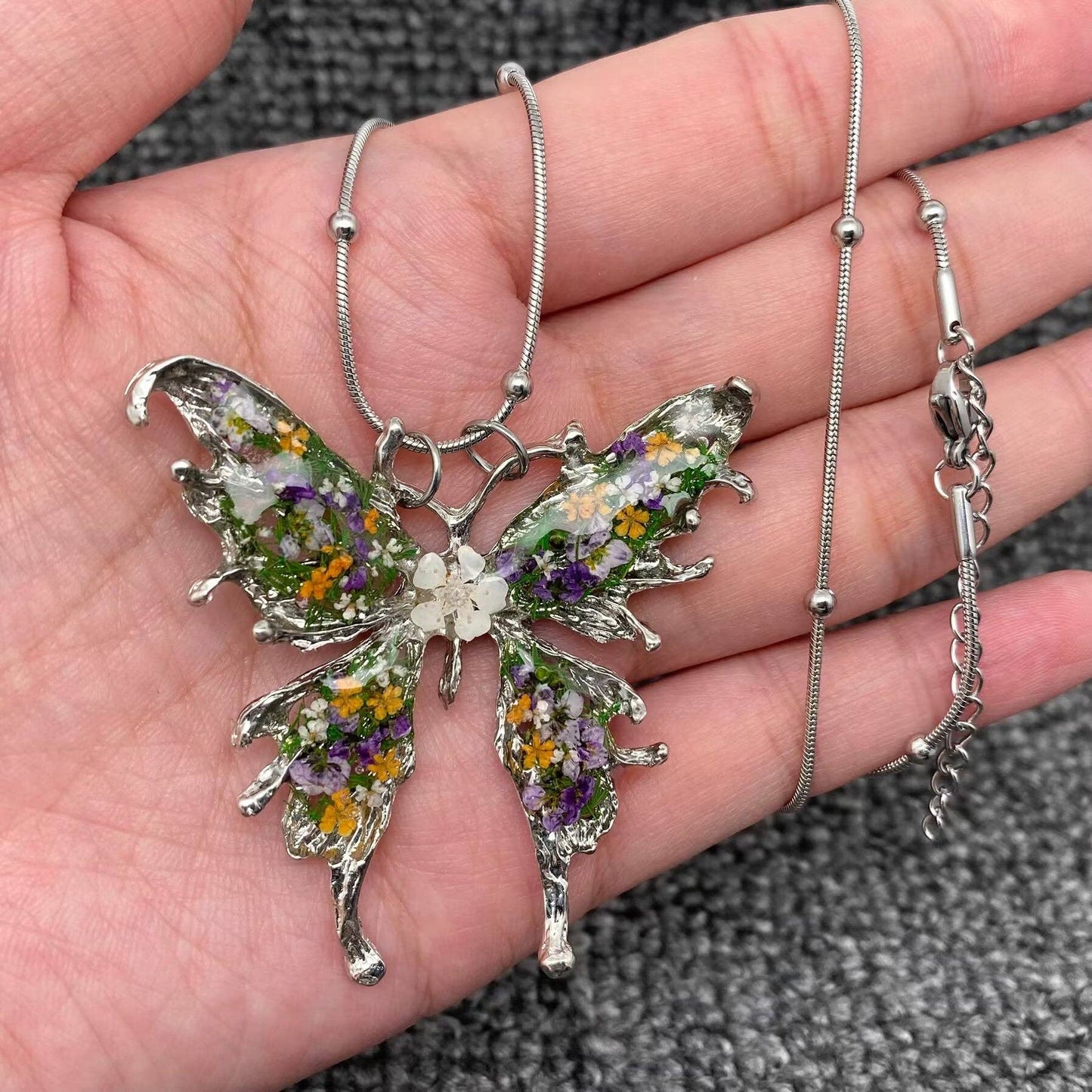 Dried Floral Silver Butterfly Charm Necklace